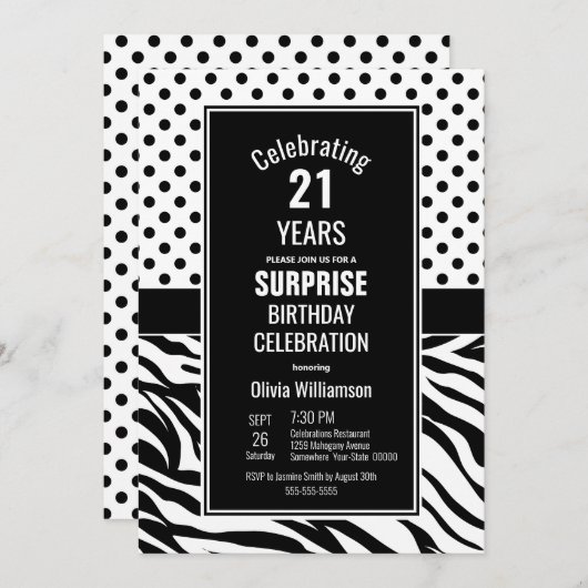レトロ水玉模様サプライズ21歳の誕生日パーティー 招待状 (正面/裏面)