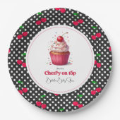 レトロ水玉模様テーマさくらんぼオントップベビーシャワー ペーパープレート (正面)