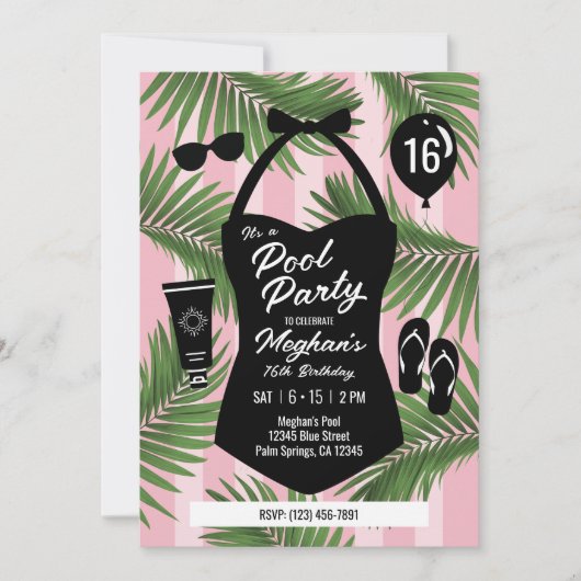 レトロ水着スウィート16プールパーティー招待状(ピンク) 招待状 (正面)