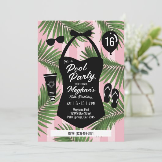 レトロ水着スウィート16プールパーティー招待状(ピンク) 招待状 (スタンド正面)