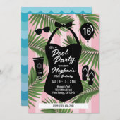 レトロ水着スウィート16プールパーティー招待状(ピンク) 招待状 (正面/裏面)