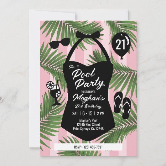 レトロ水着第21期バースデープール招待状(ピンク) 招待状 (正面)