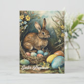 レトロ水色イラストレーションイースターウサギ シーズンカード (スタンド正面)