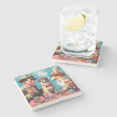 レトロ油絵画ハッピードッグ ストーンコースター (横)