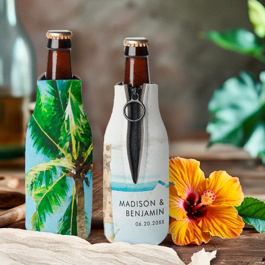 レトロ沿岸熱帯ビーチ結婚式 パーソナライズされた ボトルクーラー