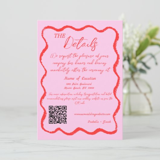 レトロ波形ピンクと赤の手書き結婚詳細 招待状 (スタンド正面)