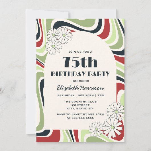 レトロ波形フラワーアーチグリーンレッドブラック誕生日 招待状 (正面)