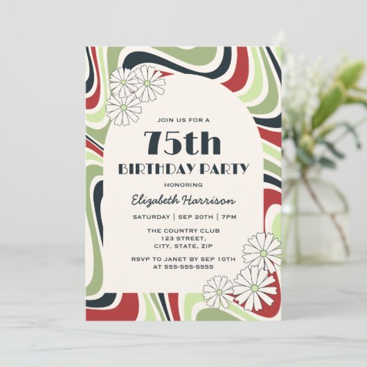 レトロ波形フラワーアーチグリーンレッドブラック誕生日 招待状 (スタンド正面)