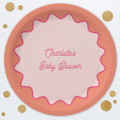 レトロ波形縁どピンクオレンジ色の曲線ベビーシャワー ペーパープレート