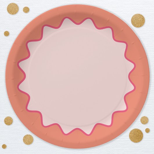 レトロ波曲線縁ど赤面ピンクピーチ ペーパープレート