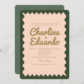 レトロ波状グルービーグリーンピンク結婚ズ 招待状 (正面/裏面)