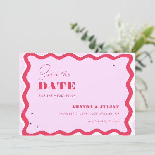 レトロ波状フレーム70sピンクと赤の写真70年代 セーブザデート (スタンド正面)