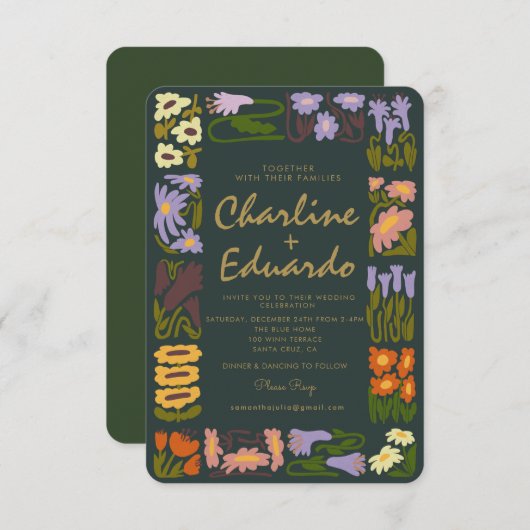 レトロ波状フローラカラフル結婚式招待状 招待状 (正面/裏面)