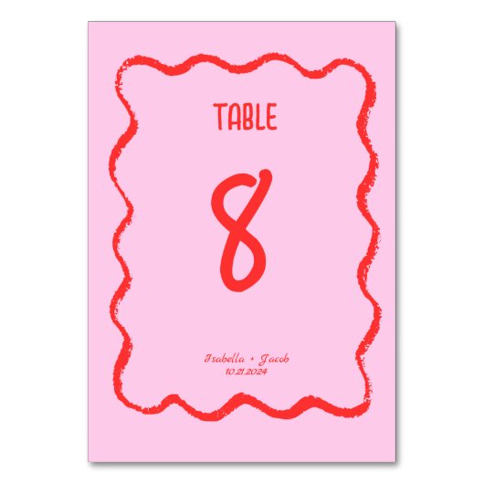 レトロ波状斜角ピンク赤結婚手書き テーブルナンバー (正面)