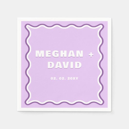 レトロ波状曲線パープル結婚ズ スタンダードカクテルナプキン (正面)
