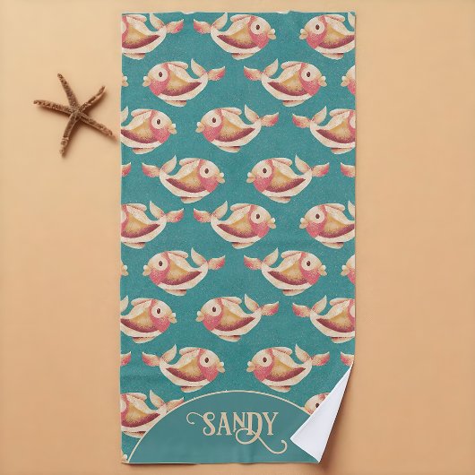 レトロ海岸金魚パターン ビーチタオル