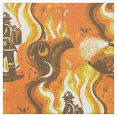 レトロ消防士と炎のオレンジと黄色 ファブリック (クローズアップ)