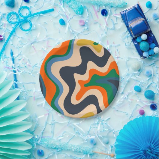 レトロ液体スワール抽象芸術パターンブルーオレンジ ペーパープレート (パーティー)