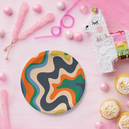 レトロ液体スワール抽象芸術パターンブルーオレンジ ペーパープレート (パーティー)