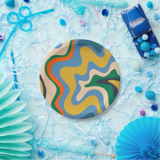 レトロ液体スワール抽象芸術パターンブルーマスタード ペーパープレート (パーティー)