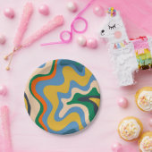 レトロ液体スワール抽象芸術パターンブルーマスタード ペーパープレート (パーティー)