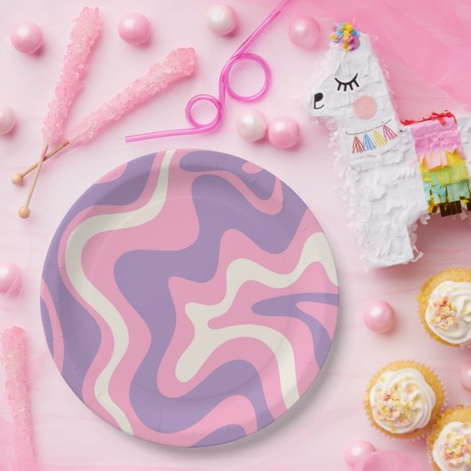 レトロ液体スワールGroovy抽象芸術紫ピンク ペーパープレート (パーティー)