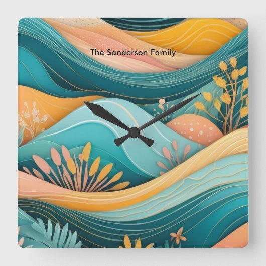 レトロ溝付き横向スタイリッシュきモノグラムの スクエア壁時計 (正面)