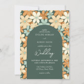 レトロ溝状アイボリー淡い色のイエロークリームフラワーアーチ 招待状 (正面)