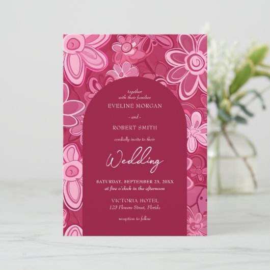 レトロ溝状マゼンタピンクの花bohoアーチ 招待状 (スタンド正面)