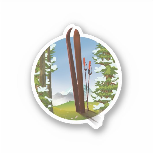 レトロ漫画のスキー旅行ロゴ シール (正面)