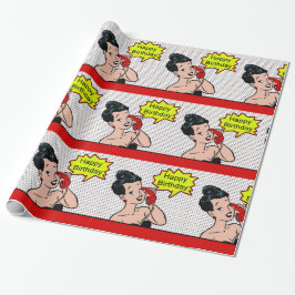 レトロ漫画ウーマンオンフォンハッピーバースデー ラッピングペーパー