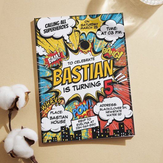レトロ漫画スーパーヒーローズバースデーパーティー 招待状