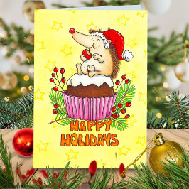 レトロ漫画ハリネズミのクリスマスプディングカップケーキ カード