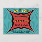 レトロ漫画ポップ・アートのアートウェディング日付ポストカードの保存 案内ポストカード (正面)