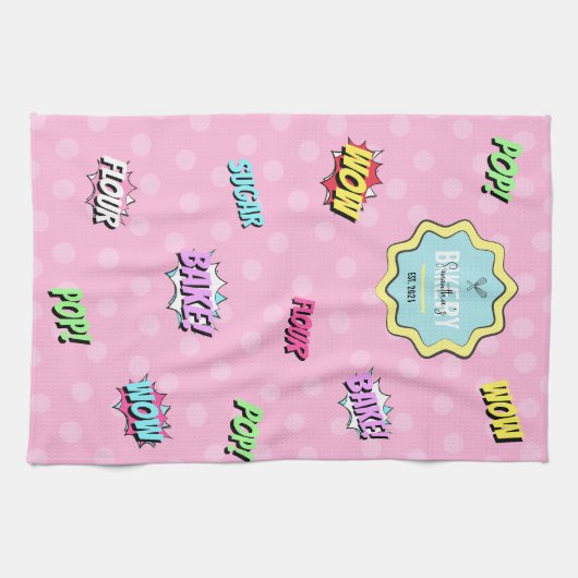 レトロ漫画ポップ・アートのピンクアートおもしろいベーキングパティシシェフ キッチンタオル (横)