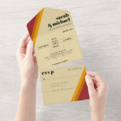 レトロ火災ハートストライプの結婚式 オールインワン招待状 (貼ってはがせる)