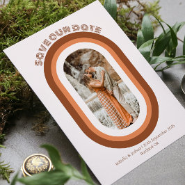 レトロ焼けオレンジのアーチ救写真私たちの日付 招待状