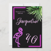 レトロ熱帯ネオンピンクフラミンゴ40歳の誕生日 招待状 (正面)