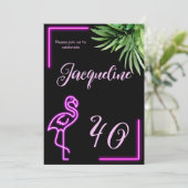 レトロ熱帯ネオンピンクフラミンゴ40歳の誕生日 招待状 (スタンド正面)