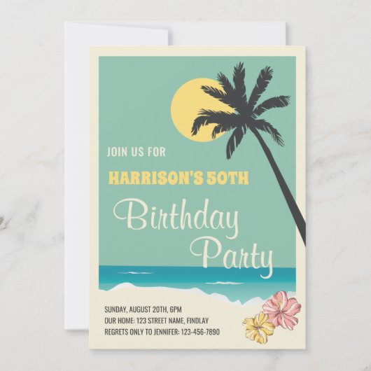 レトロ熱帯ビーチ大人の誕生日パーティー 招待状 (正面)