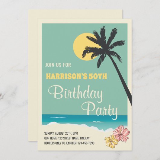 レトロ熱帯ビーチ大人の誕生日パーティー 招待状 (正面/裏面)