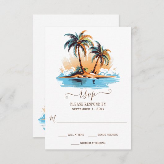 レトロ熱帯ビーチ目的地の結婚式 出欠カード (正面/裏面)