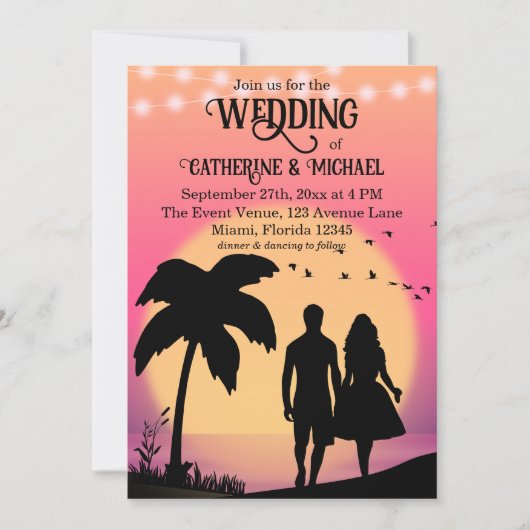 レトロ熱帯海ビーチサンセットサマー結婚ズ 招待状 (正面)