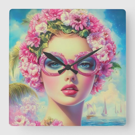 レトロ熱帯美しい スクエア壁時計 (正面)