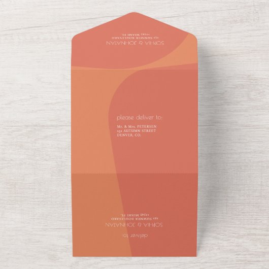 レトロ燃はっきりした焼オレンジ結婚色PHOTO RSVP オールインワン招待状 (外側)