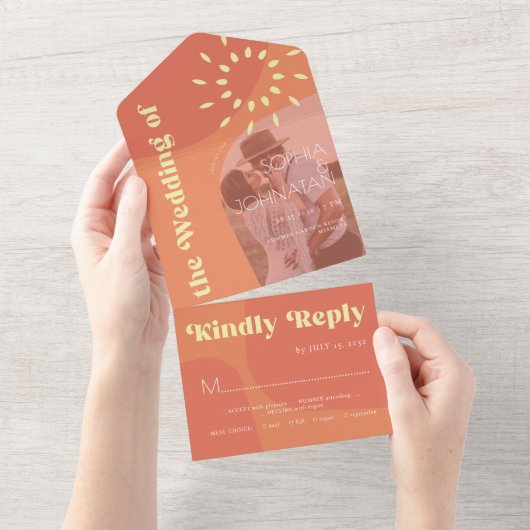 レトロ燃はっきりした焼オレンジ結婚色PHOTO RSVP オールインワン招待状 (貼ってはがせる)