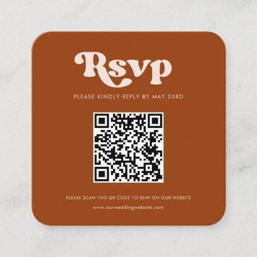 レトロ燃スタイリッシュ焼オレンジ色QRコードRSVP応答 エンクロージャーカード (正面)