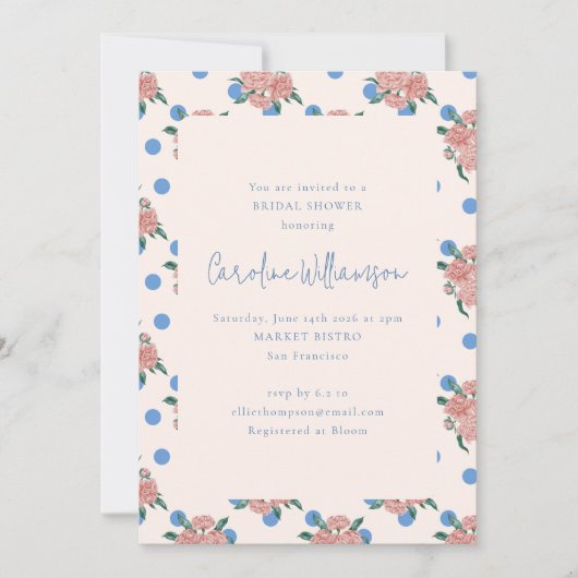 レトロ牡丹フローラガーデンブルードットブライダルシャワー 招待状 (正面)
