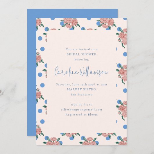 レトロ牡丹フローラガーデンブルードットブライダルシャワー 招待状 (正面/裏面)