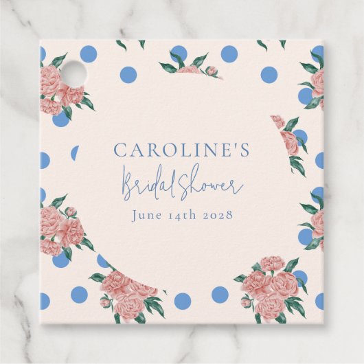 レトロ牡丹フローラブルードットブライダルシャワーカスタム フェイバータグ (正面)